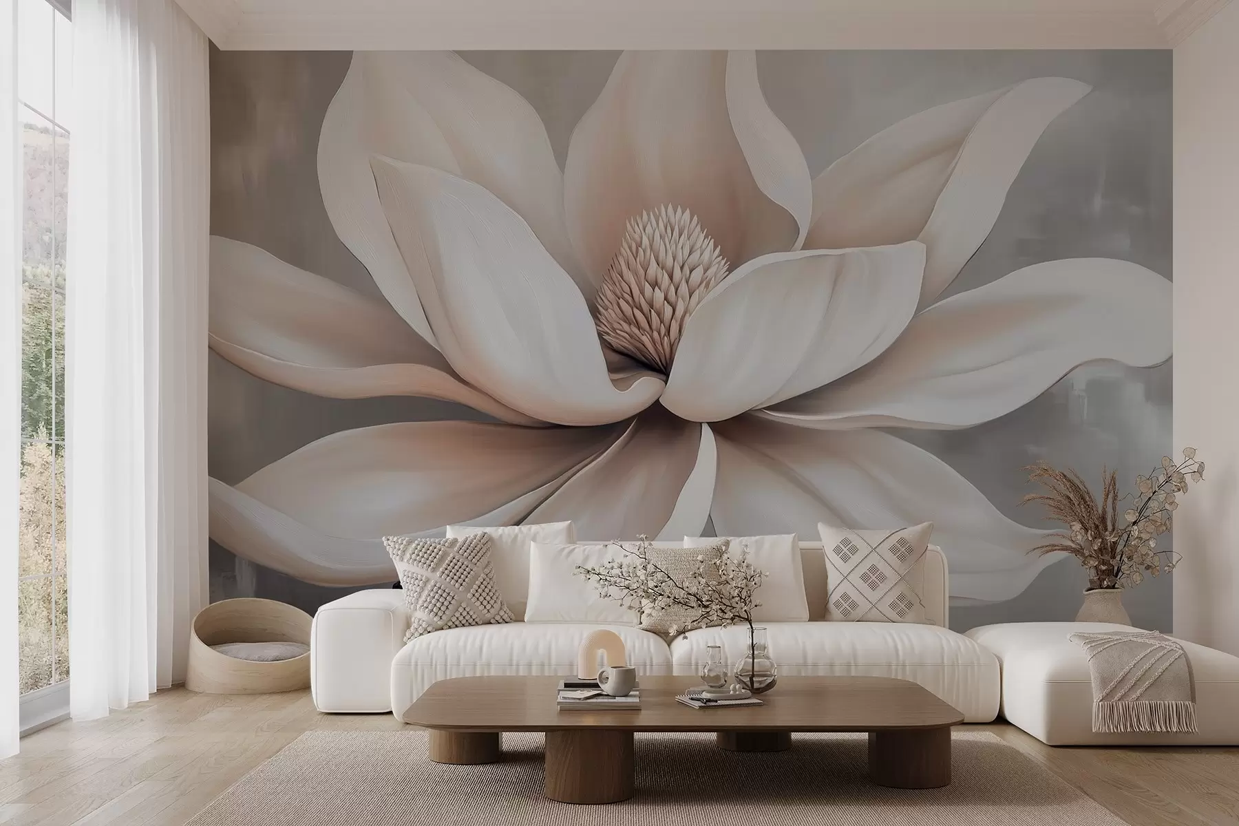 murales de pared Elegante flor de magnolia con pétalos largos y suaves sobre un fondo gris suave w08705