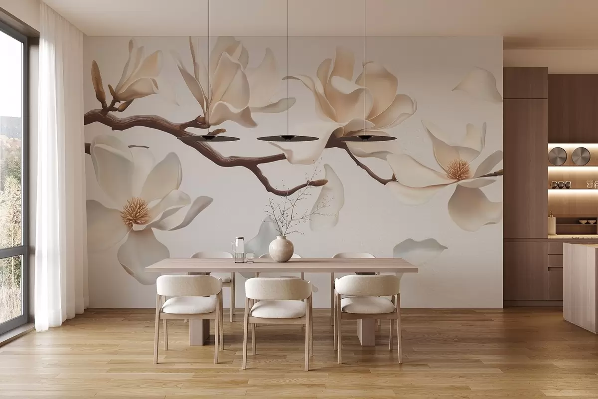 murales de pared Una rama de árbol con delicadas flores de magnolia y pétalos que caen w08706