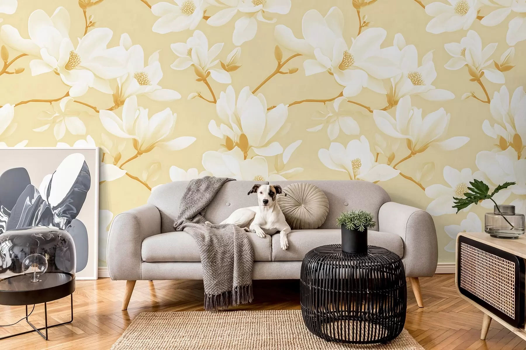 murales de pared Estampado de flores blancas de magnolia, en tonos amarillos, hojas y ramas blancas w08726v3