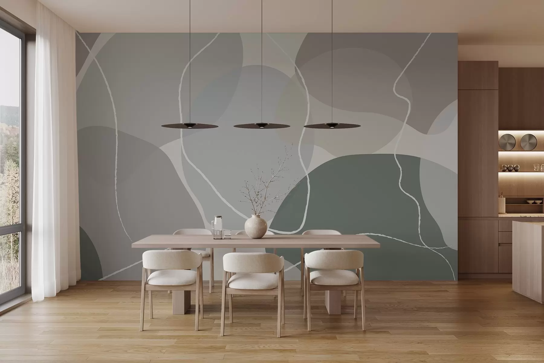 murales de pared Estampado abstracto de suaves formas orgánicas en tonos verdes, beige y grises apagados, acentuado por delicadas líneas blancas w03039v2