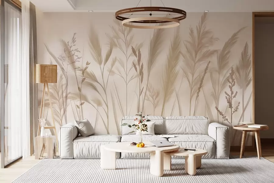 murales de pared Hierbas altas y delicadas, espiguillas y plantas en suaves tonos beige y crema, sobre un fondo ligeramente difuminado w08736