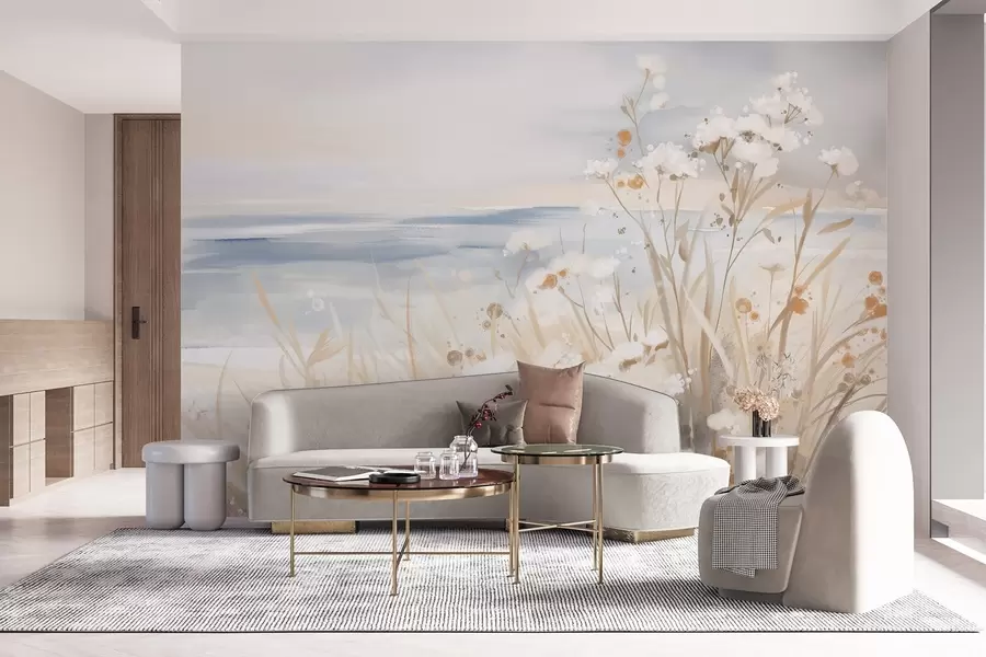 murales de pared Flores abstractas blancas con delicados tallos en una hierba, sobre un fondo suave y apagado de un mar y un cielo en calma  w08740