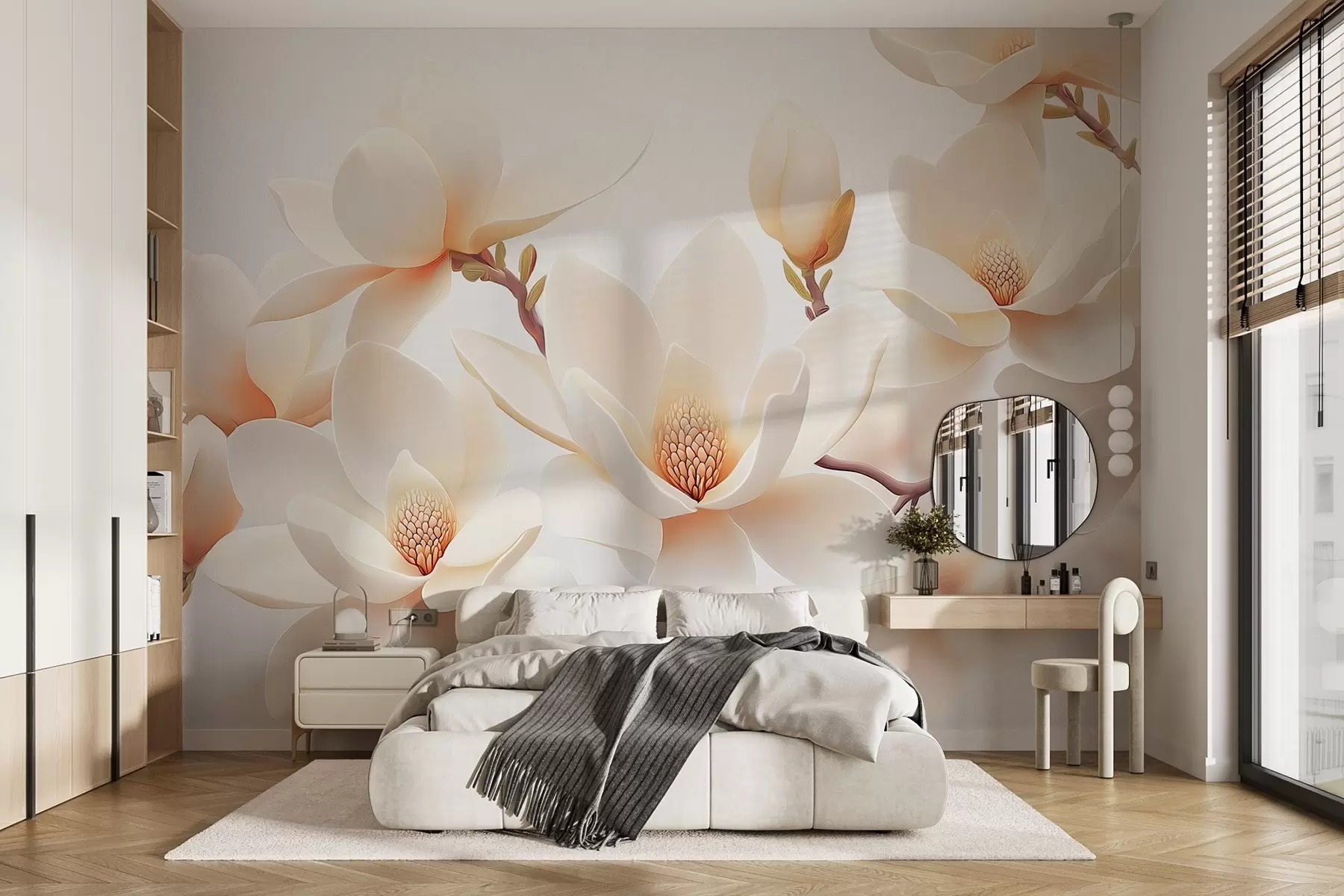 murales de pared Flores de magnolia de color crema sobre fondo blanco w08745