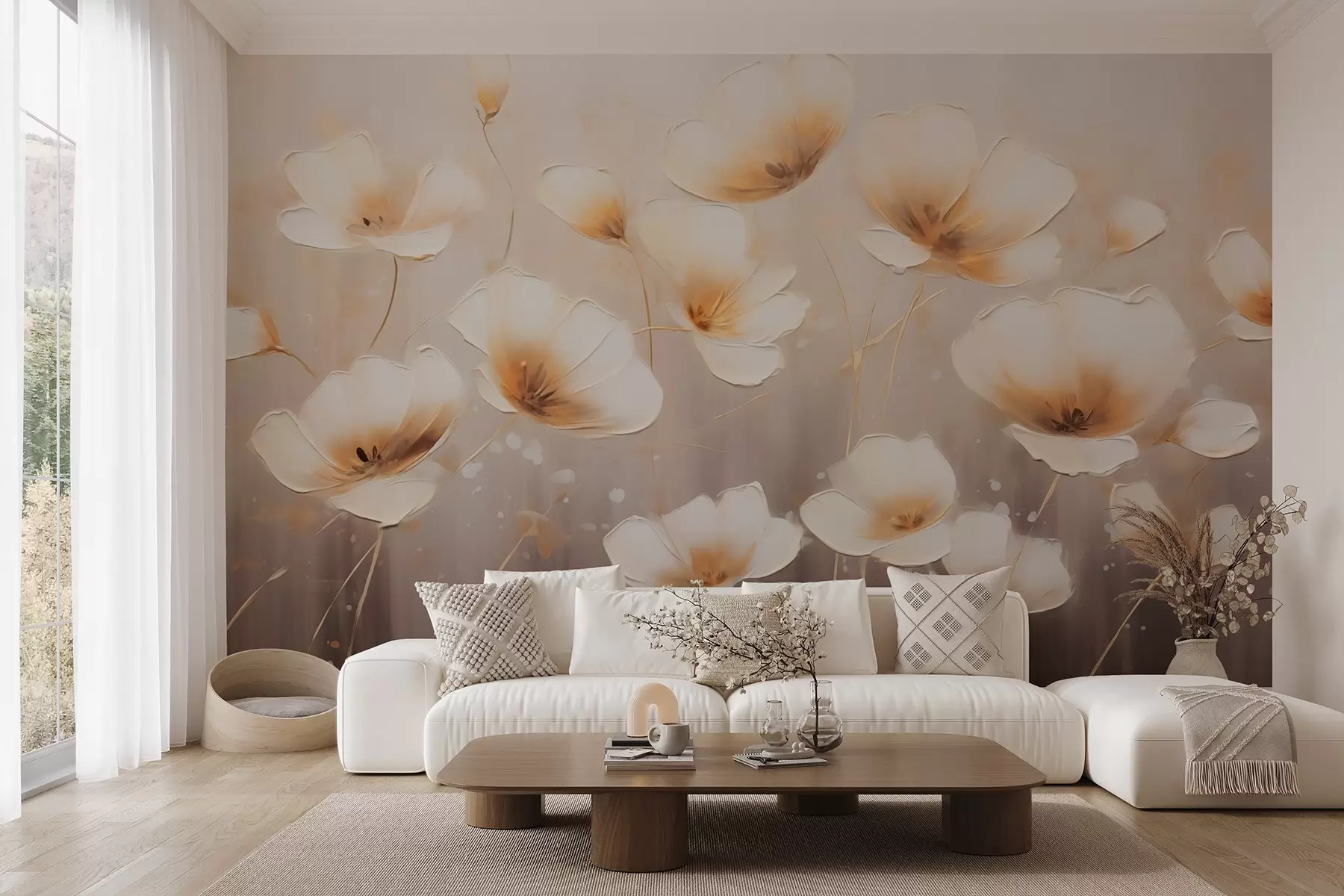 murales de pared Flores elegantes con pétalos delicados y suaves en tonos cálidos w08746