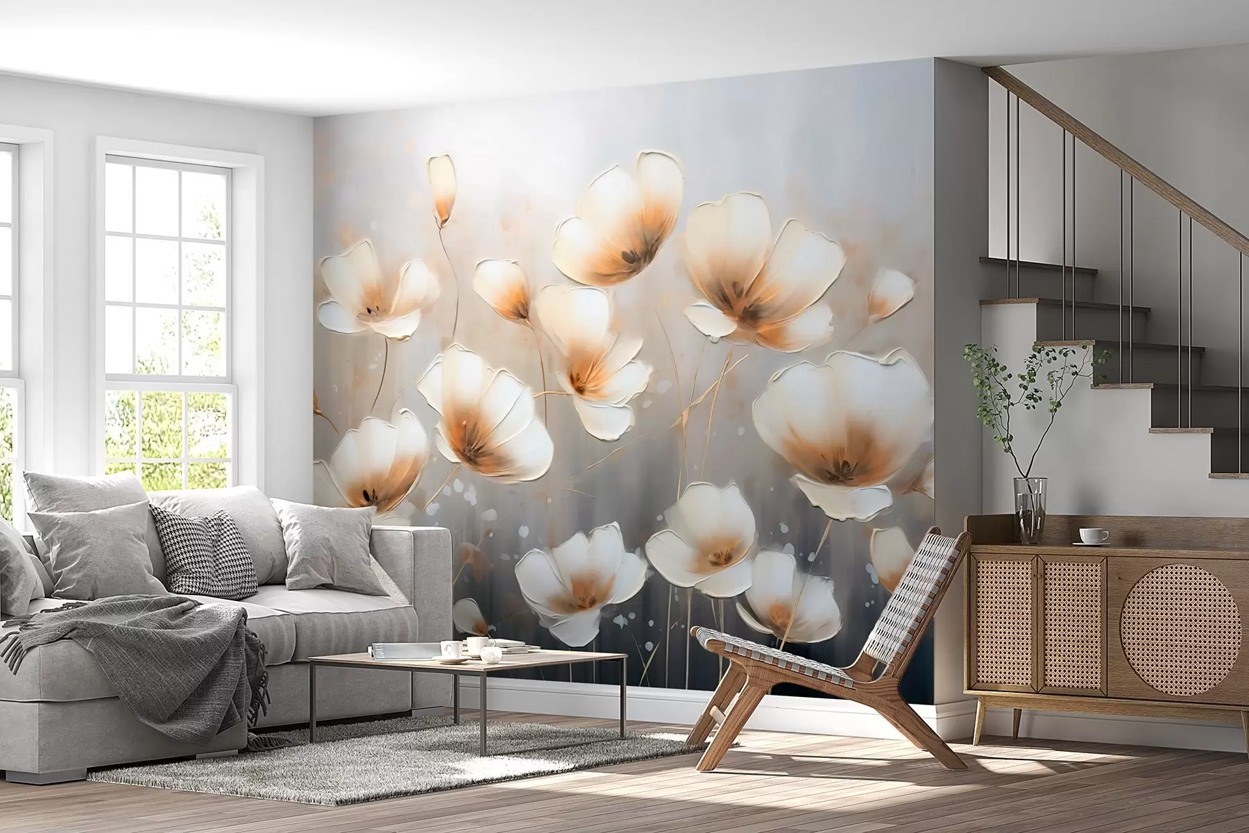murales de pared Elegantes flores con delicados y suaves pétalos en tonos beige-azulados w08746v1