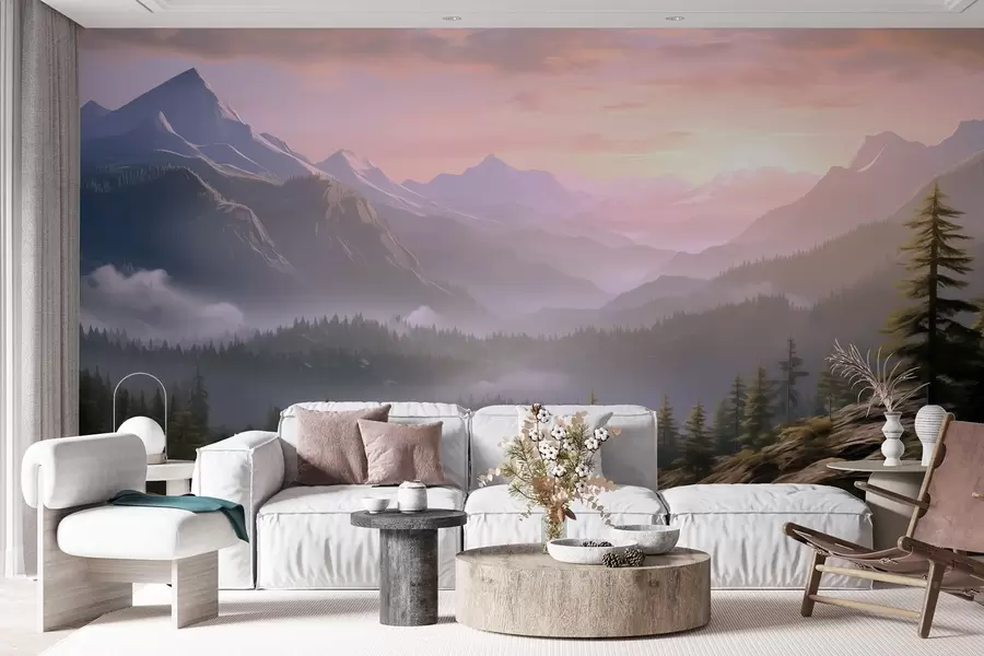 murales de pared Sereno paisaje de montaña al amanecer con suave niebla sobre el fondo de un bosque w08750