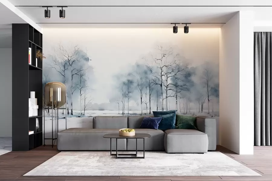 murales de pared Árboles azules en estilo acuarela sobre fondo blanco w08753