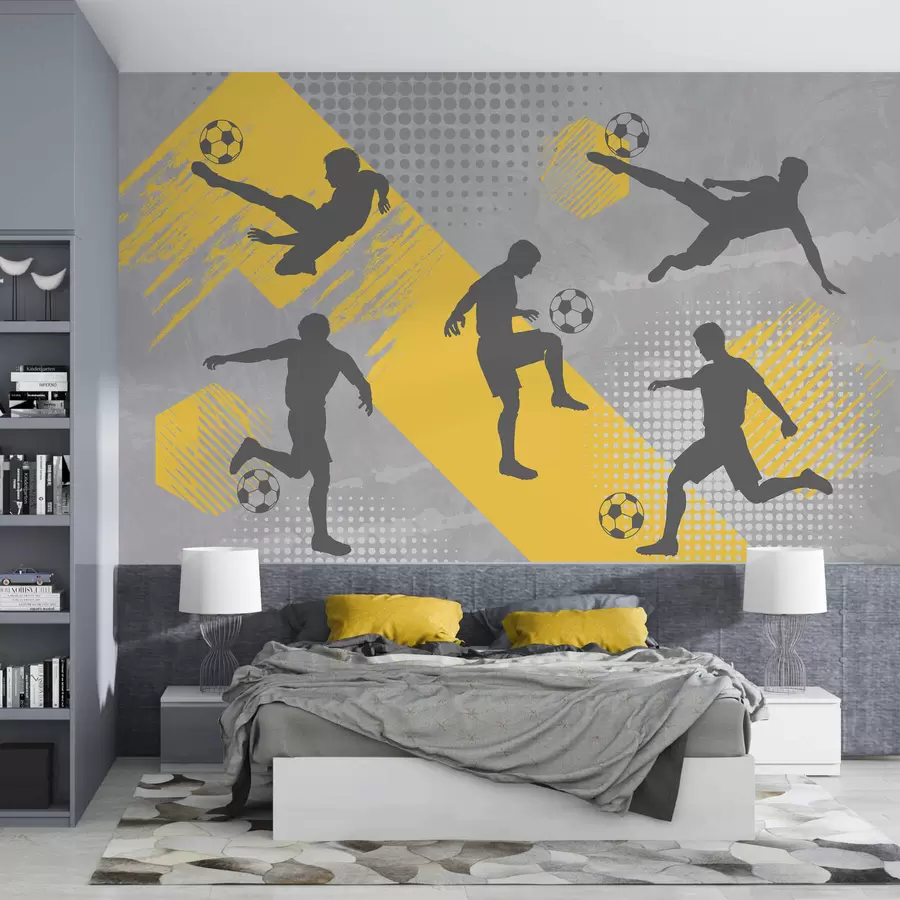 murales de pared Siluetas de jugadores de fútbol sobre fondo abstracto w03001