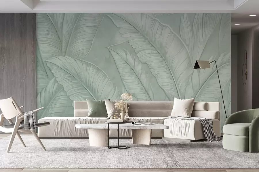 murales de pared Grandes hojas tropicales de gran textura y detalle en un color verde monocromático de estilo loft  w08772v1