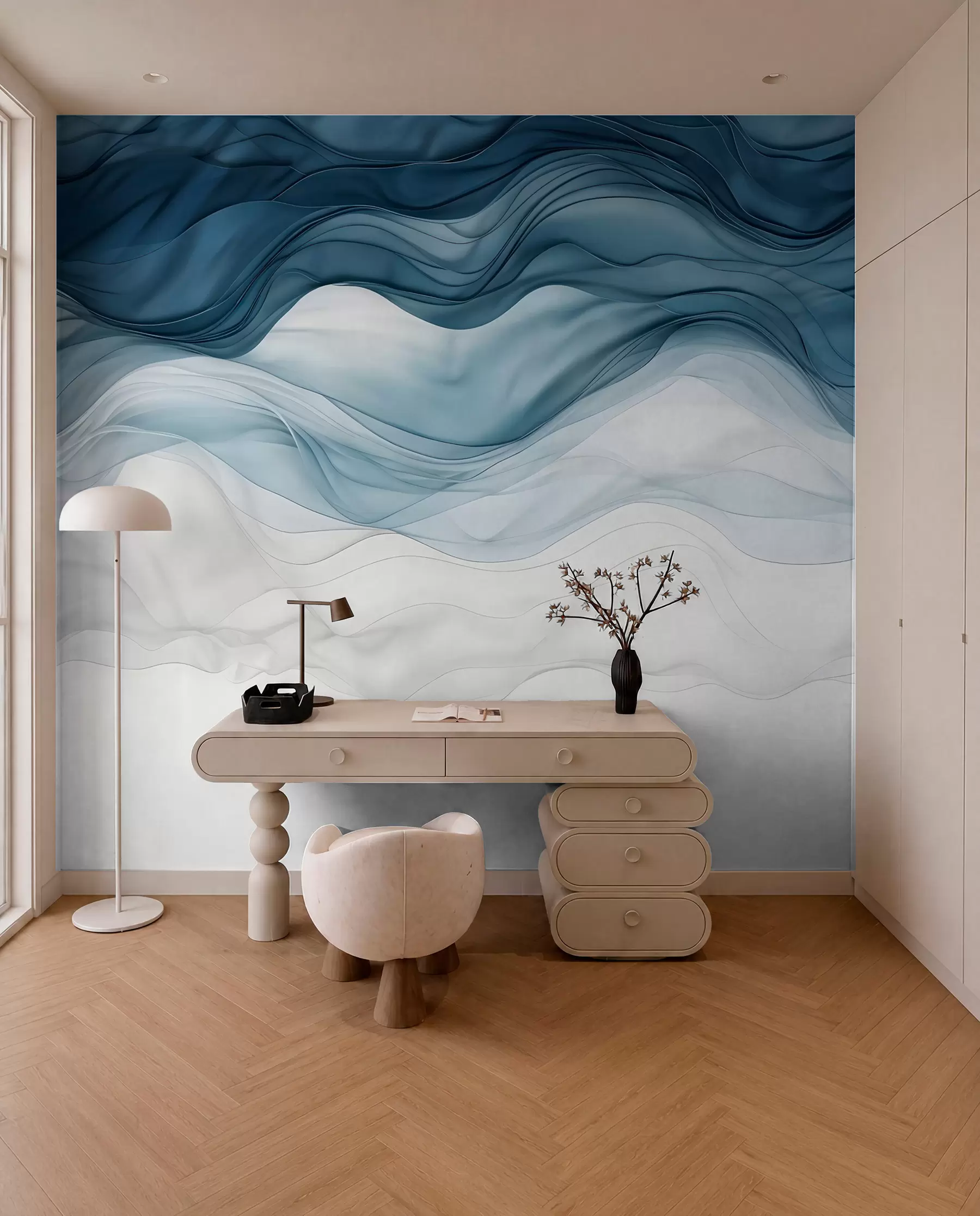 murales de pared Ondas fluidas de texturas translúcidas en tonos azul oscuro, azul claro y blanco sobre un fondo claro  w08775