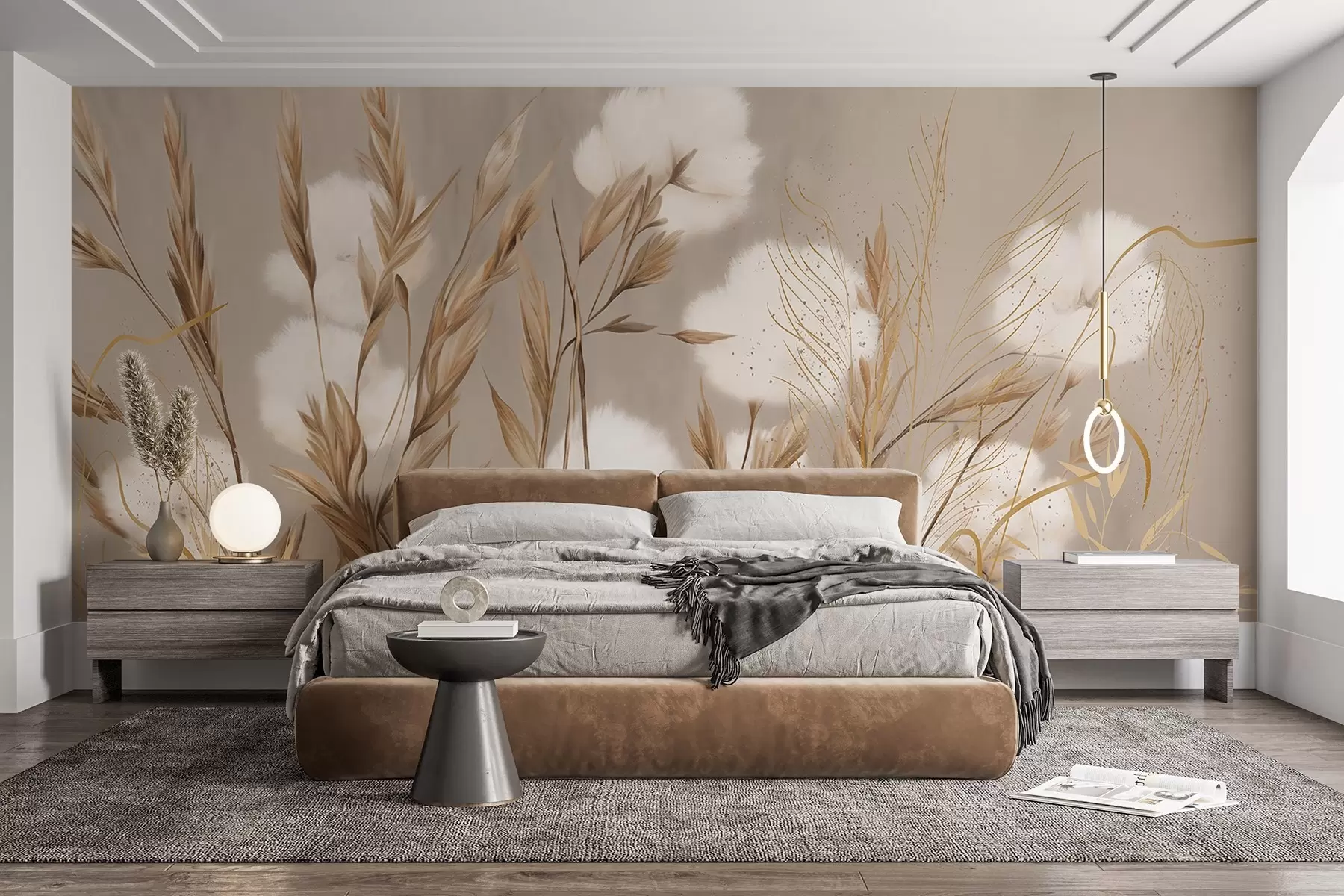 murales de pared Flores blancas de algodón suave y esponjoso y altas espiguillas de hierba anaranjadas sobre un fondo beige de textura apagada w08784