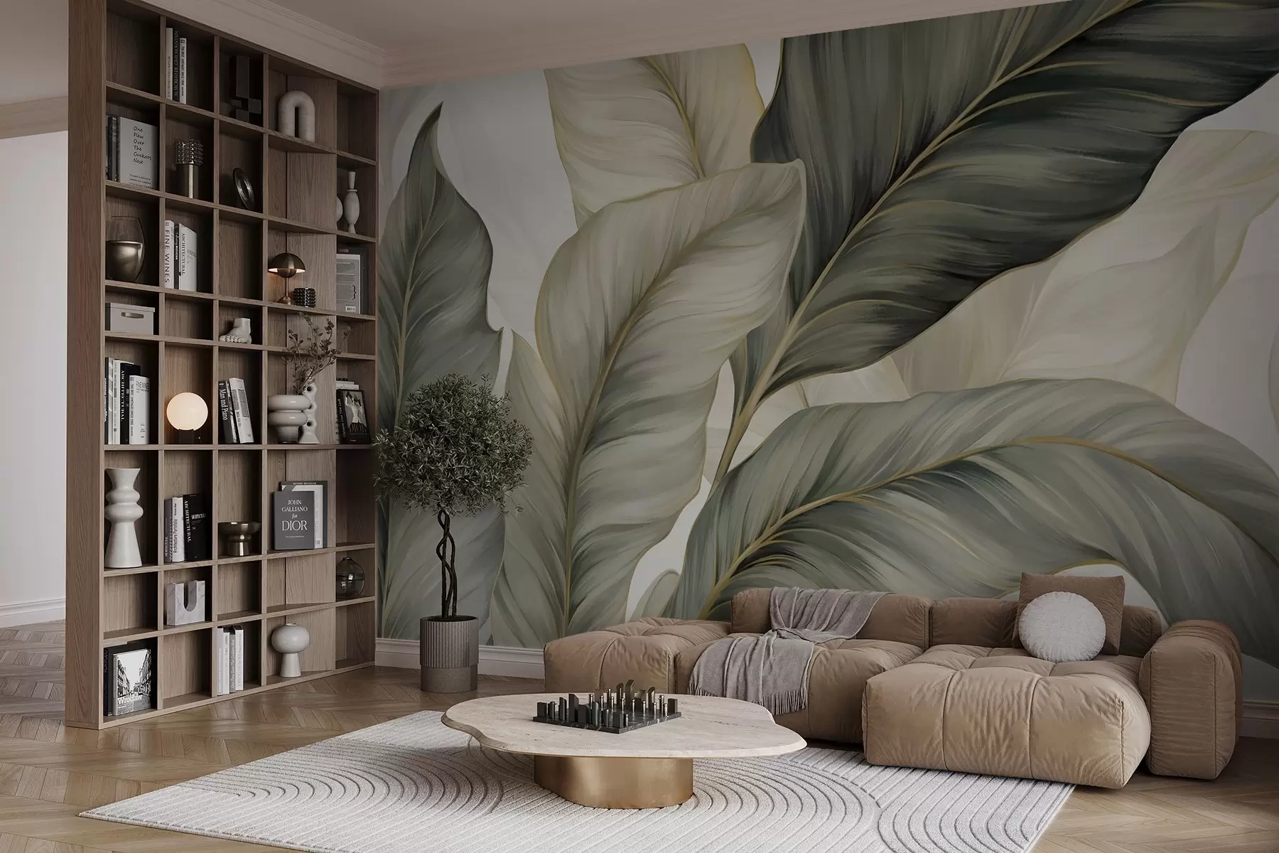 murales de pared Hojas grandes de textura estilizada con venas detalladas en varios tonos de verde, crema y beige w08785