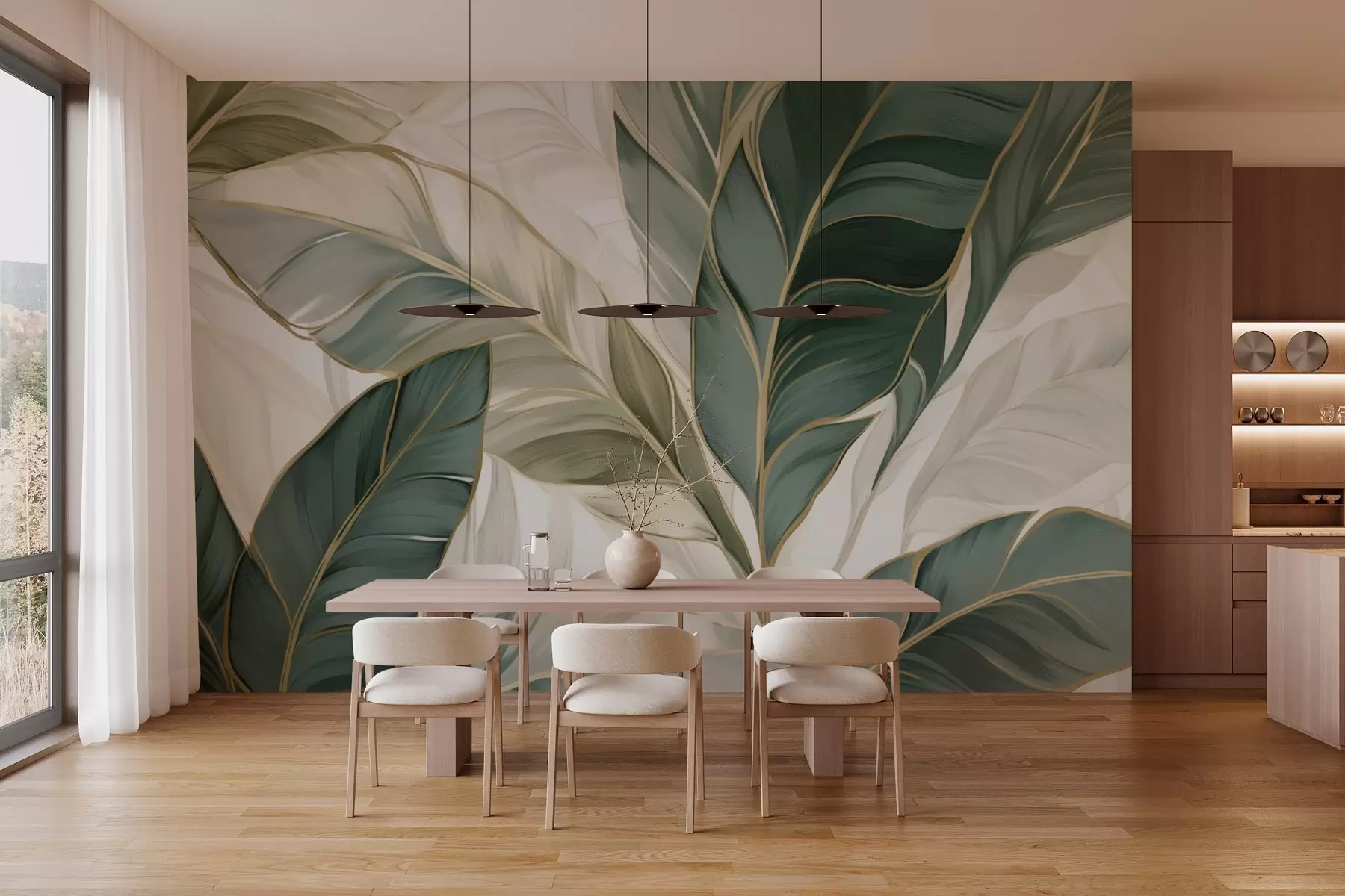 murales de pared Hojas tropicales verdes sobre fondo gris y blanco w03124