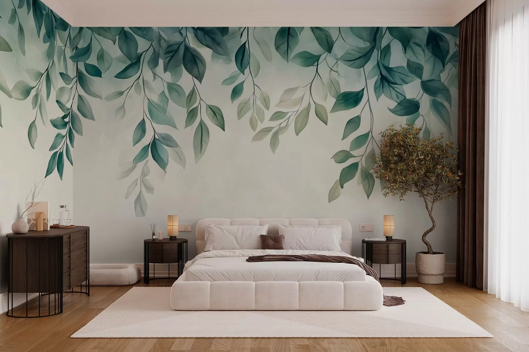 murales de pared hojas verdes estilo acuarela colgando de la parte superior w03024