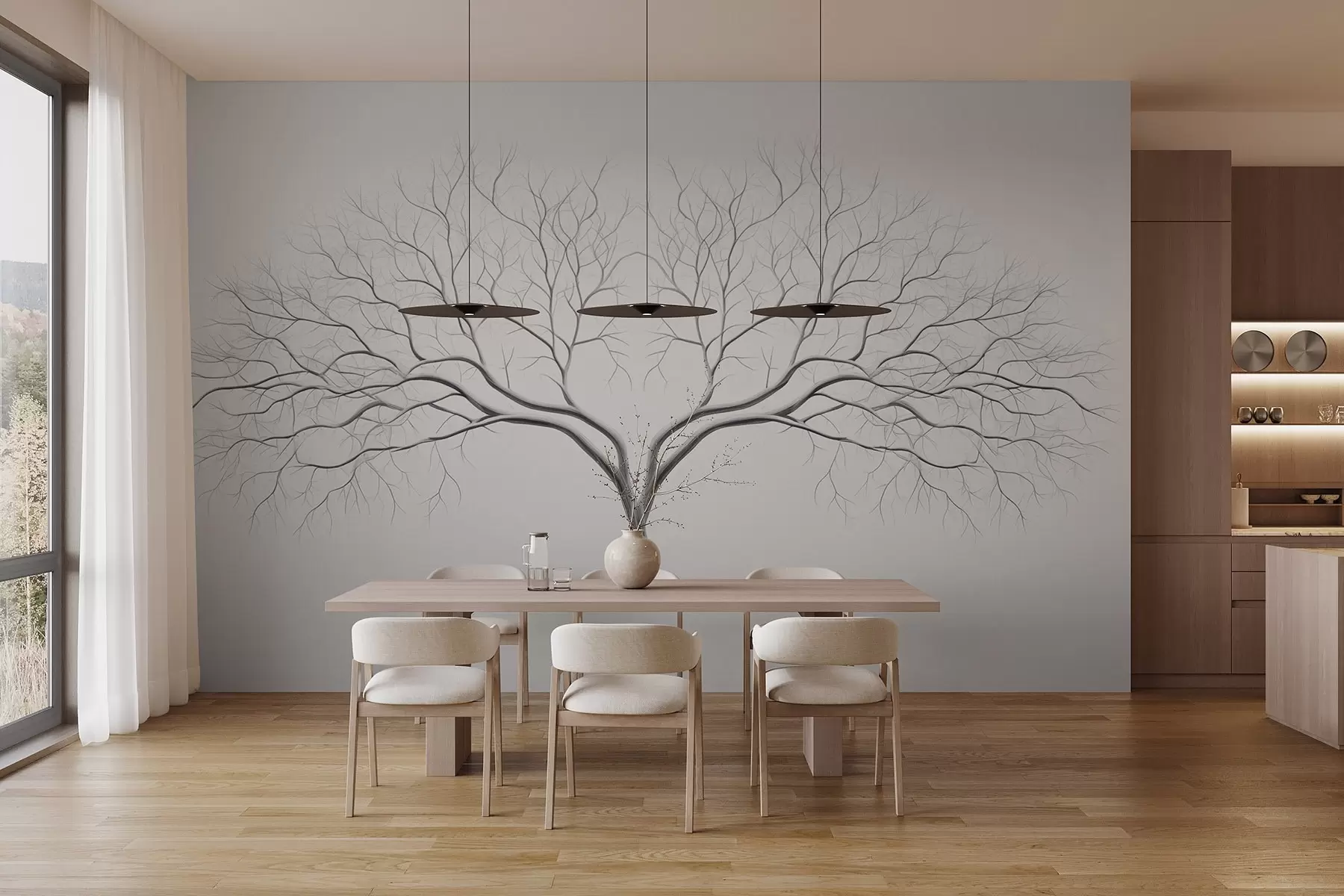 murales de pared Representación minimalista de un árbol con delicadas ramas sobre fondo claro w03159