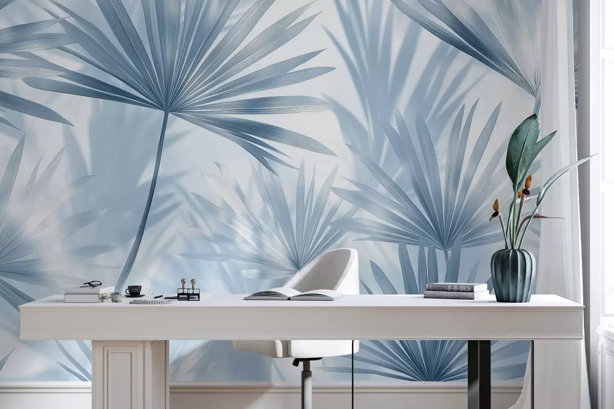 murales de pared Hojas de palmera, motivo floral, minimalismo, tropical, colores azules w03152