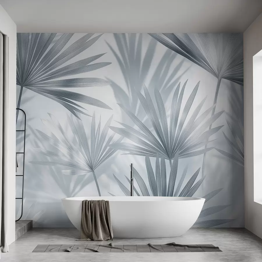 murales de pared Hojas de palmera, motivo floral, minimalismo, tropical, colores grises w03152v1