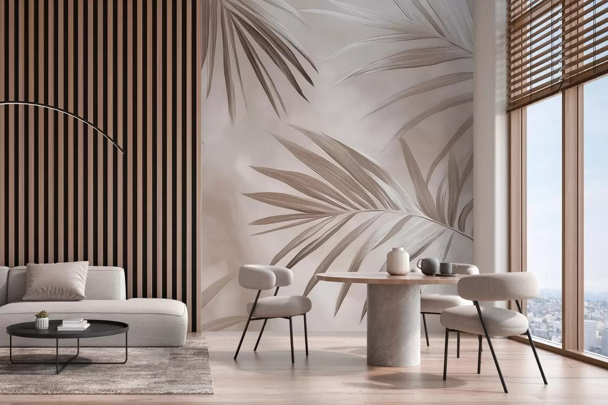 murales de pared Abstracción de hojas tropicales, palmera, paleta de colores beige  w03153v3