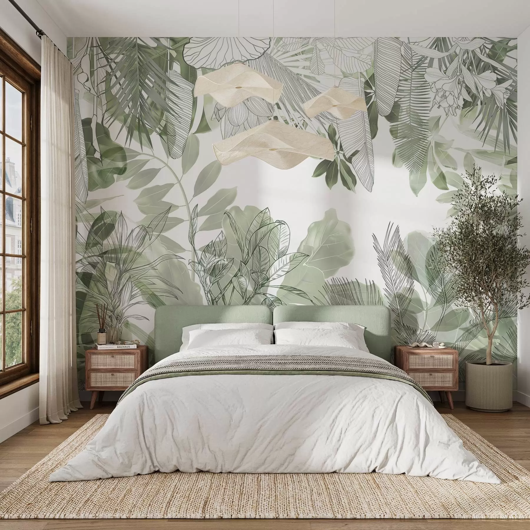murales de pared Plantas y hojas tropicales con estampado de jungla verde sobre fondo blanco w08823