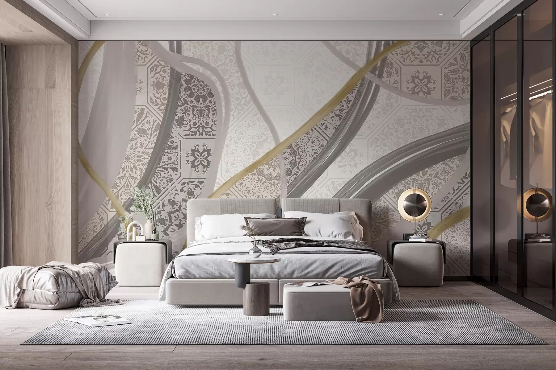 murales de pared Cuadro abstracto con motivos geométricos y líneas curvas en colores beige, gris y amarillo w08837