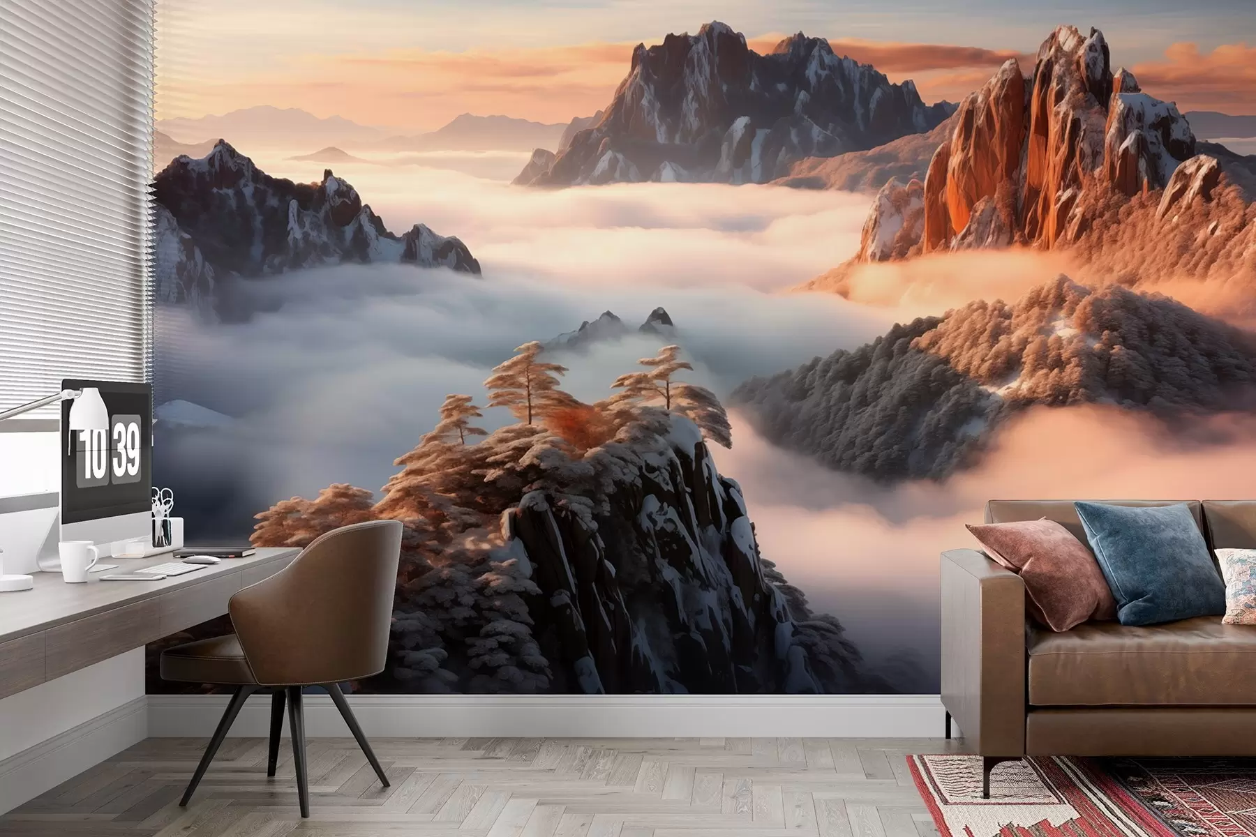 murales de pared Encantador paisaje de montaña con niebla y árboles w08807