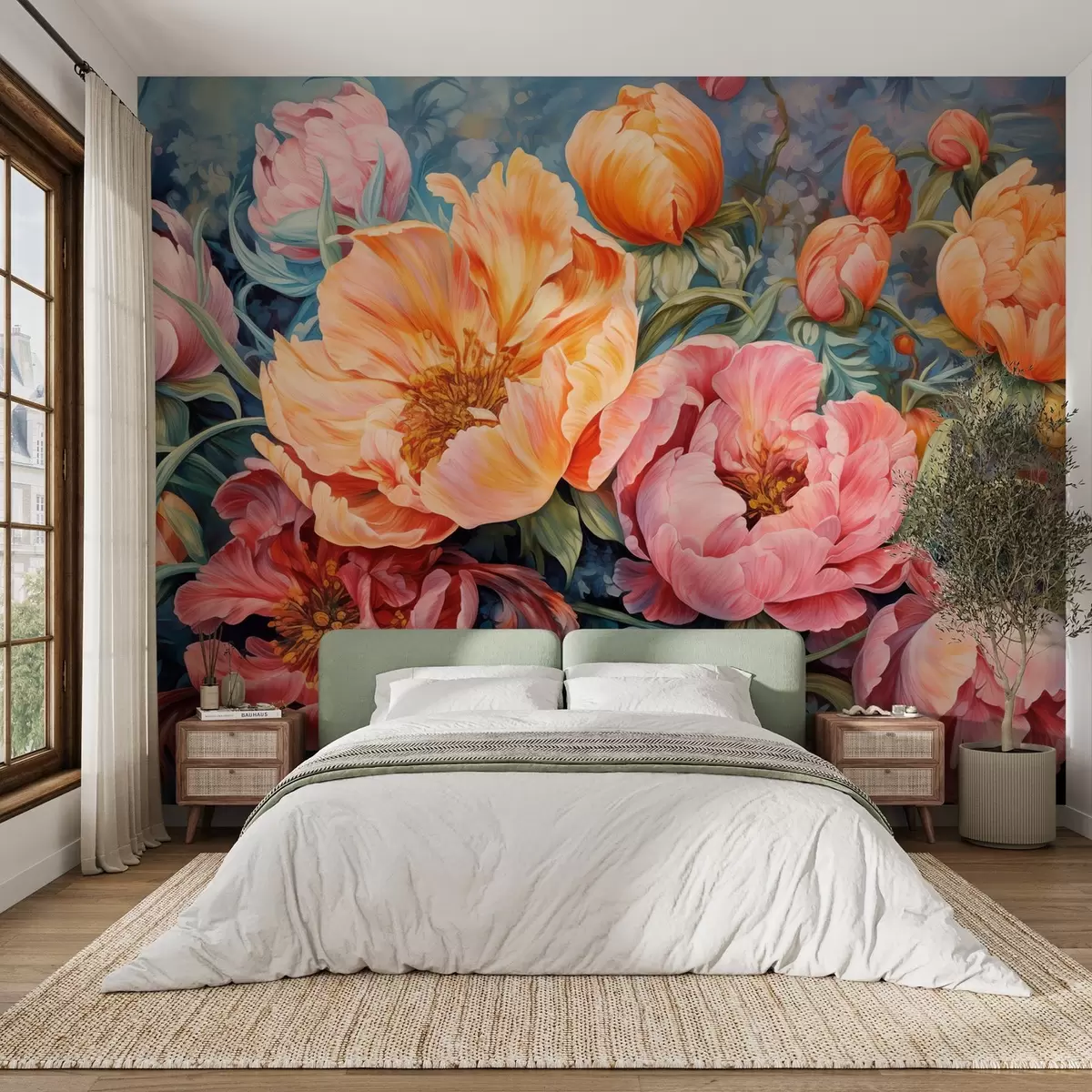 murales de pared Tulipanes y peonías, una composición floral en estilo pincelada de óleo w08817