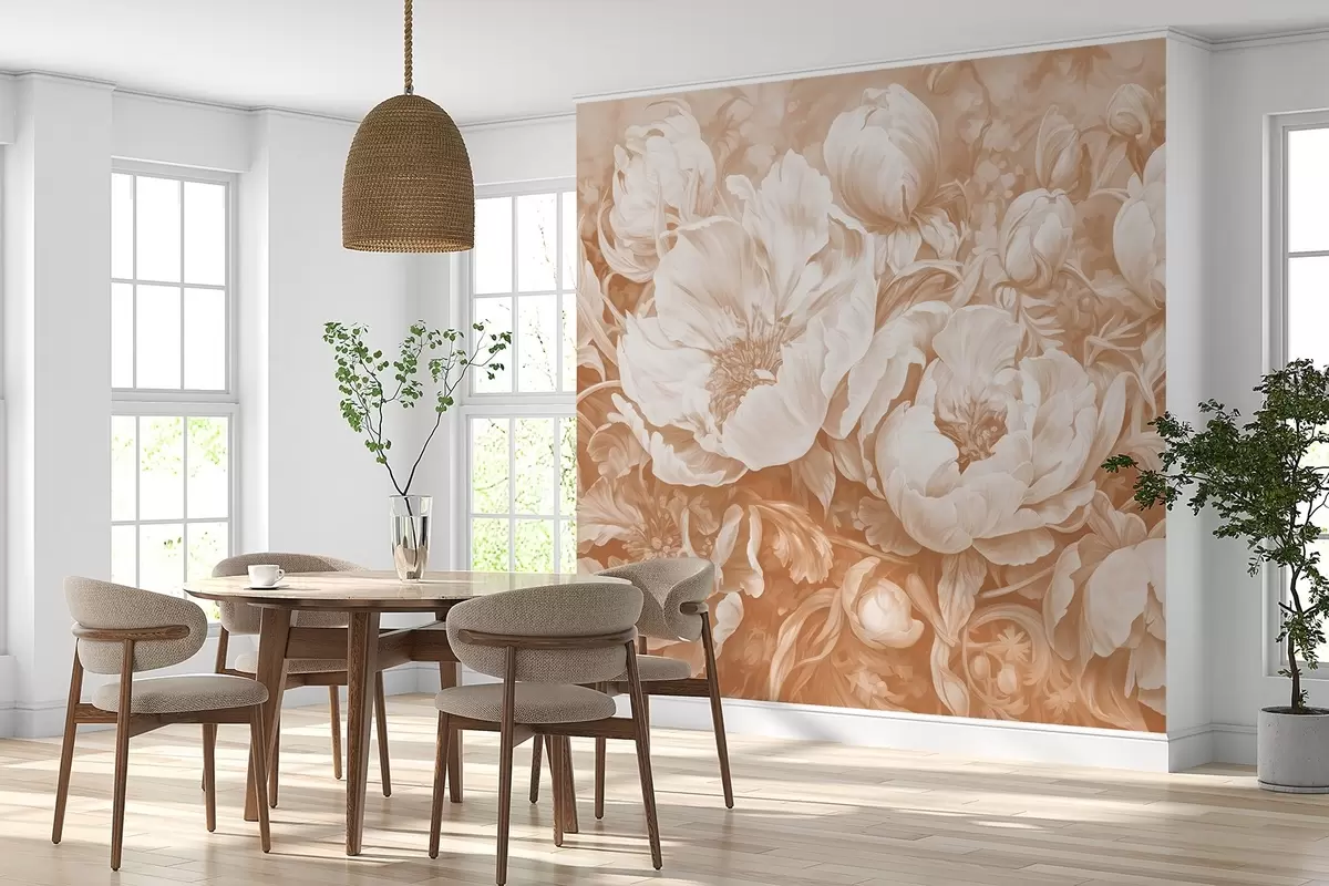 murales de pared Tulipanes y peonías, una composición floral en estilo pincelada de óleo beige w08817v1
