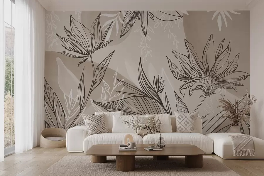 murales de pared Línea floral con grandes hojas y flores sobre un fondo de acuarela beige  w08865v1