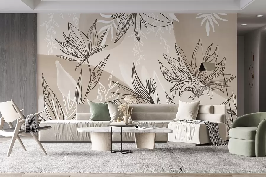 murales de pared Línea floral con grandes hojas y flores sobre un fondo de acuarela beige  w08865v1
