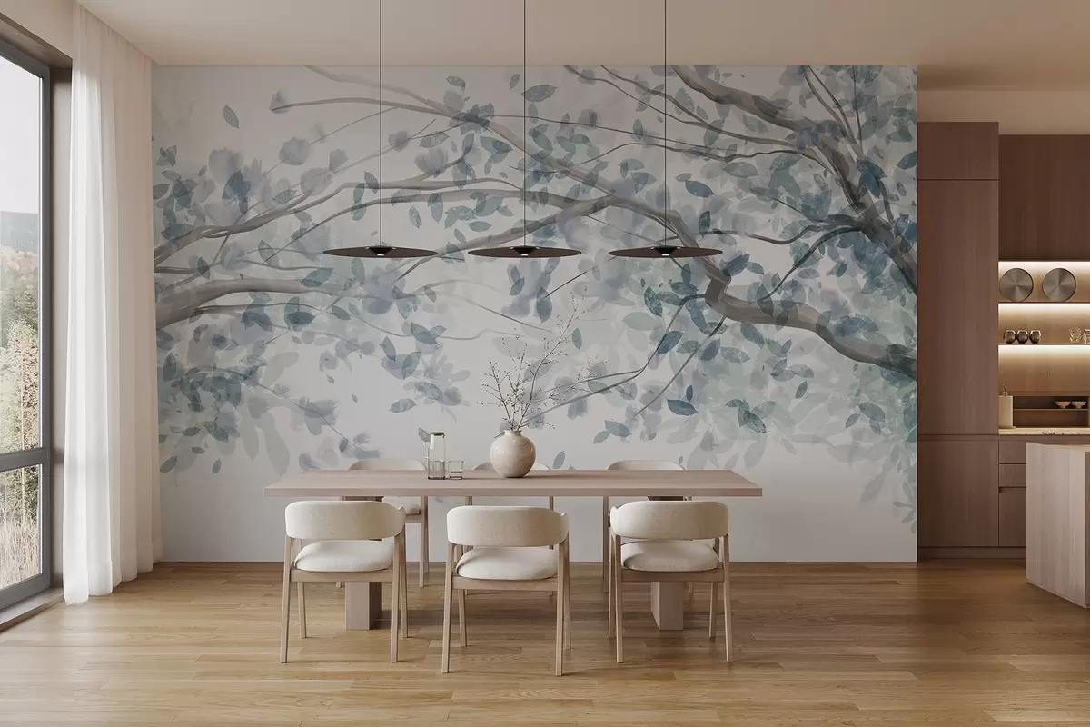 murales de pared Ramas en flor con hojas azules, colores suaves, detalles delicados, estilo acuarela, sobre fondo claro w08867v2