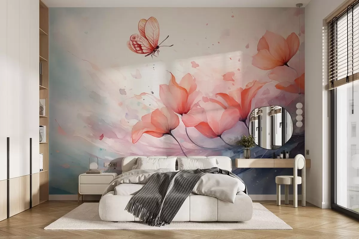 murales de pared Delicadas amapolas con una mariposa en estilo acuarela w08849