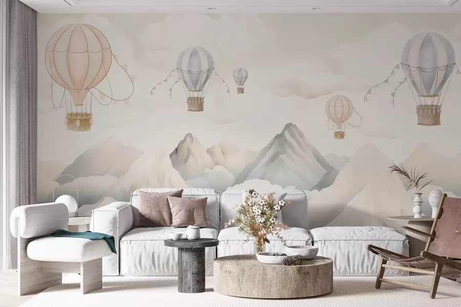 murales de pared Globos aerostáticos flotando sobre las montañas en tonos pastel neutros y suaves w08853