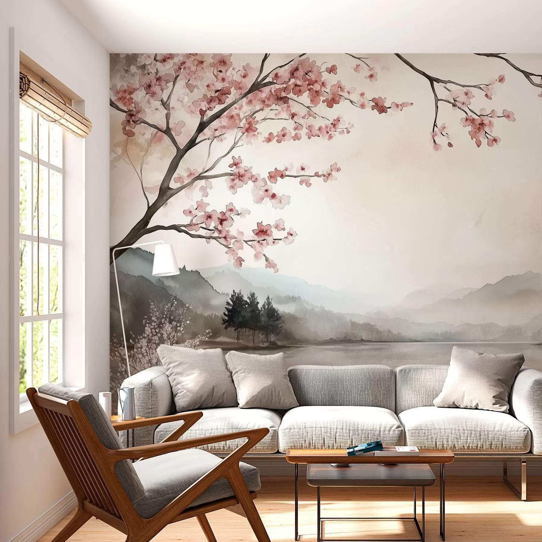 murales de pared tranquilo paisaje en acuarela con un lago y un árbol en flor w03282
