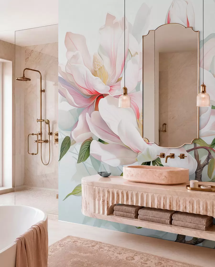 murales de pared Flores de magnolia con pétalos blancos y rosas, hojas y ramas marrones, estilo acuarela suave y delicada w08885