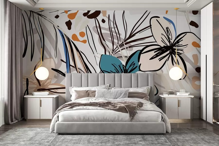 murales de pared Estampado abstracto moderno con hojas de palmera tropicales, flores azules y beige, líneas negras, fondo claro w08889