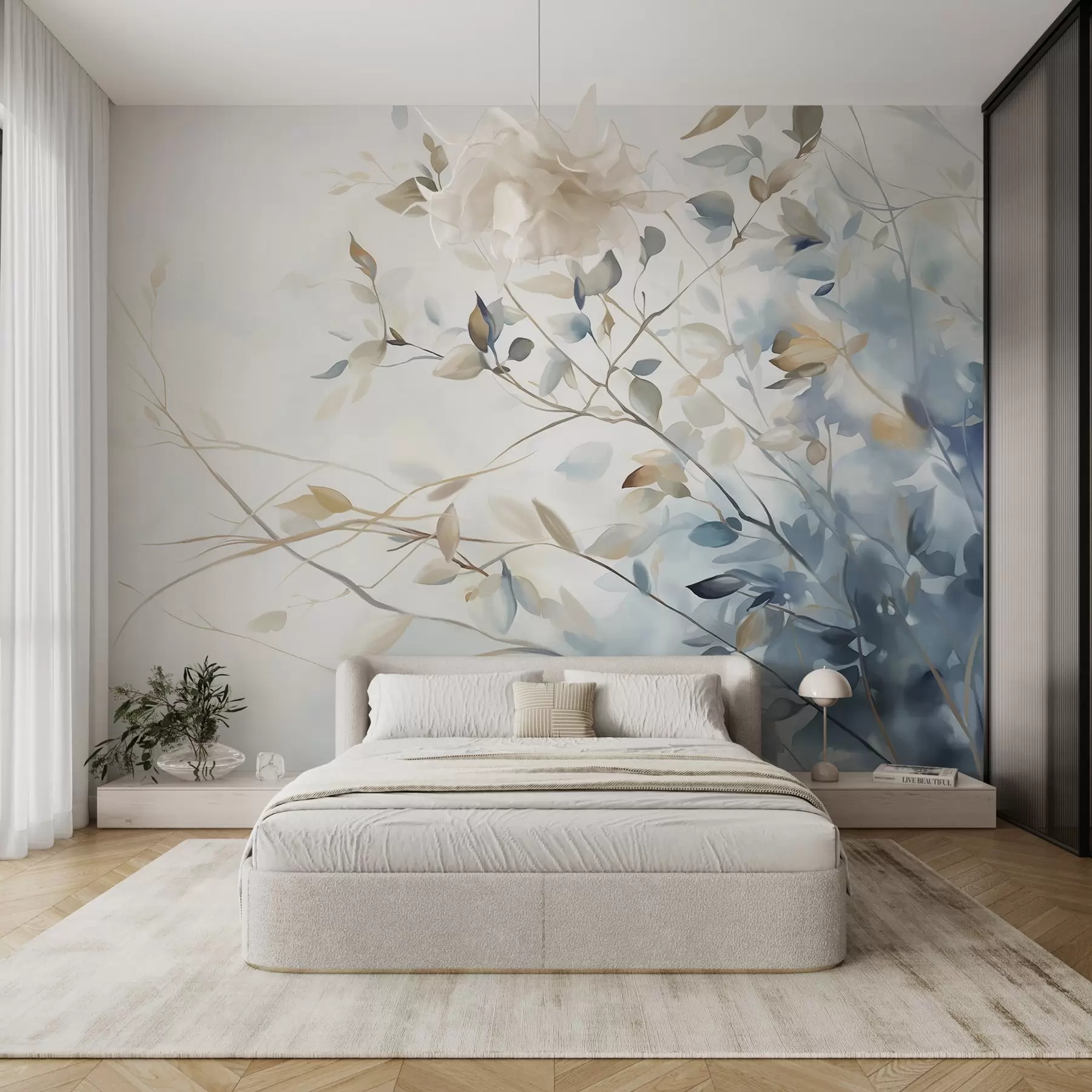 murales de pared Ramas con hojas en tonos azules y marrones, fondo claro, suave y delicado, estilo acuarela  w08900