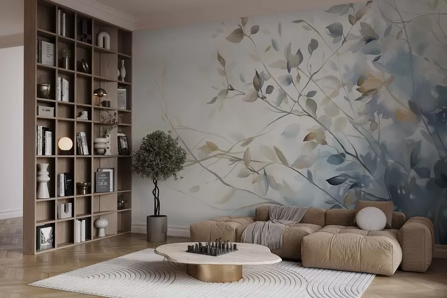 murales de pared Ramas con hojas en tonos azules y marrones, fondo claro, suave y delicado, estilo acuarela  w08900
