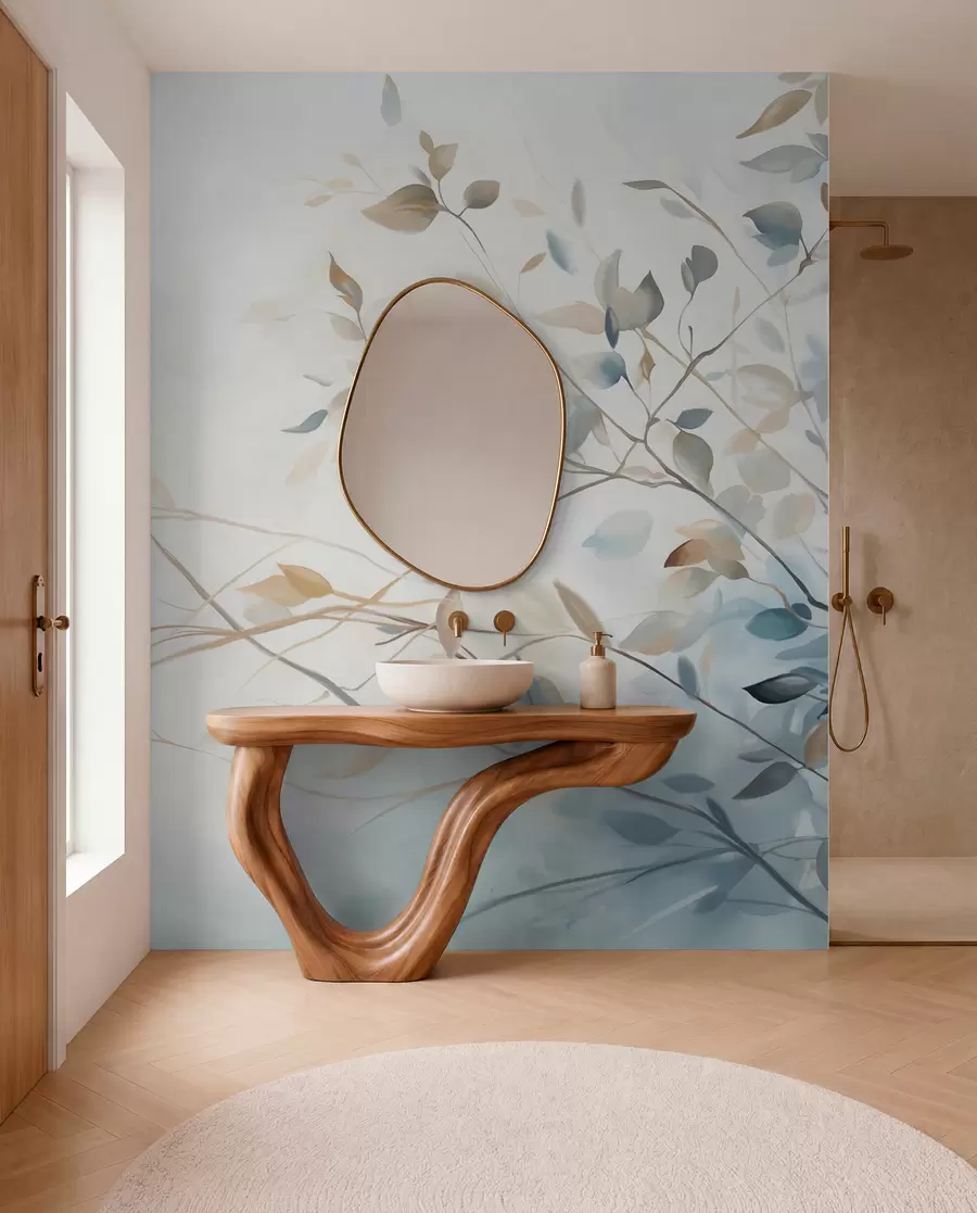 murales de pared Ramas con hojas en tonos azules y marrones, fondo claro, suave y delicado, estilo acuarela  w08900