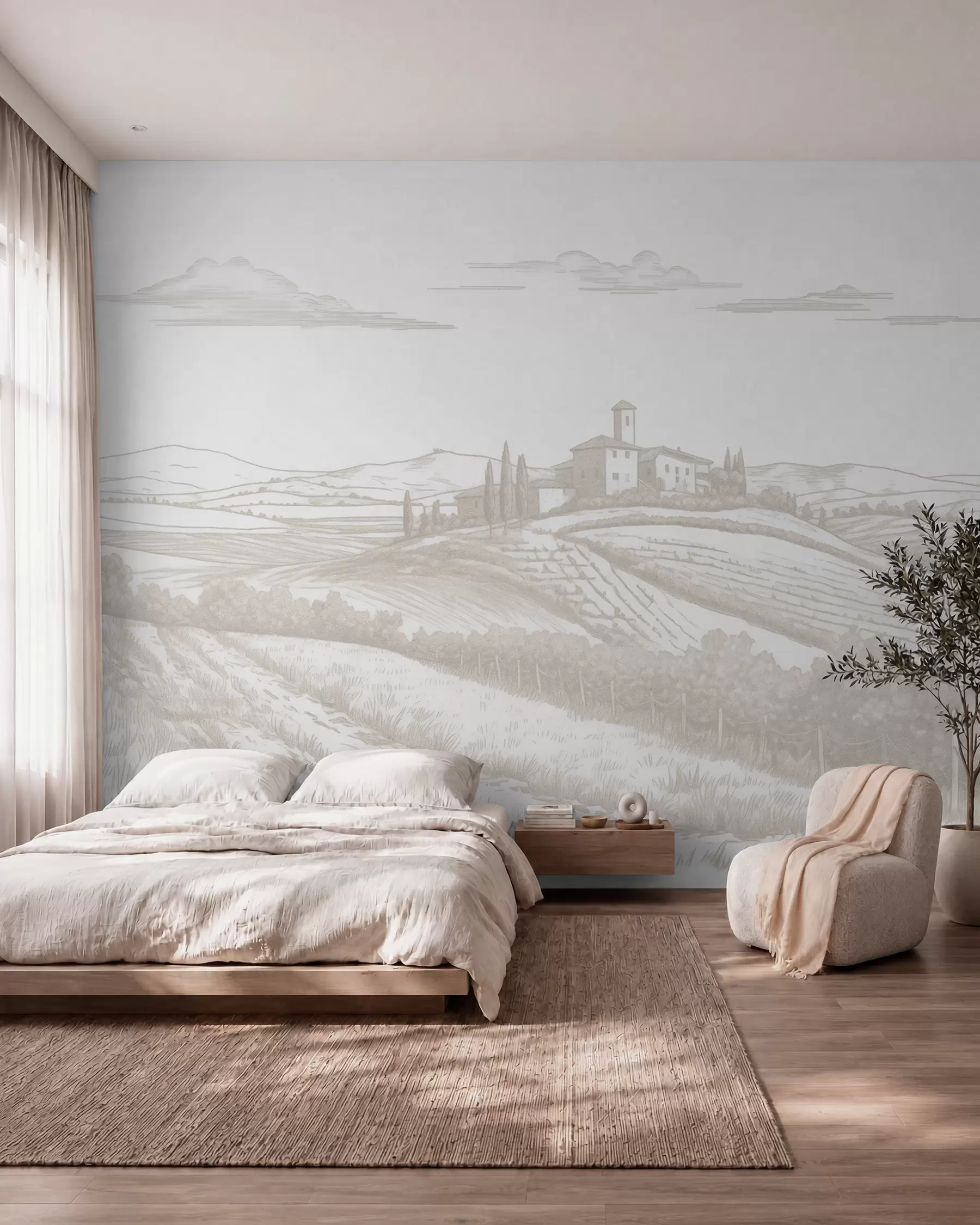 murales de pared Paisajes de la Toscana, Italia, viñedos, naturaleza, castillo antiguo, colores beige w03349