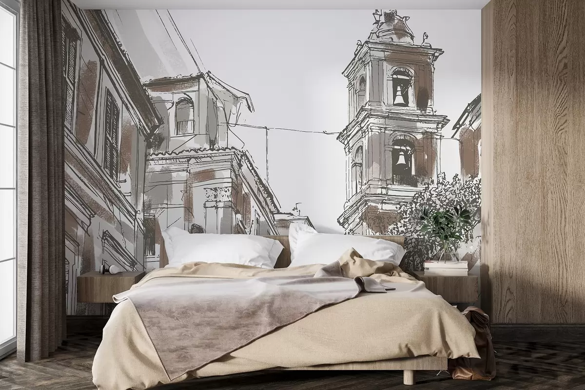 murales de pared Calle de ciudad mediterránea, capilla, arquitectura, colores beige y marrón w03350v1