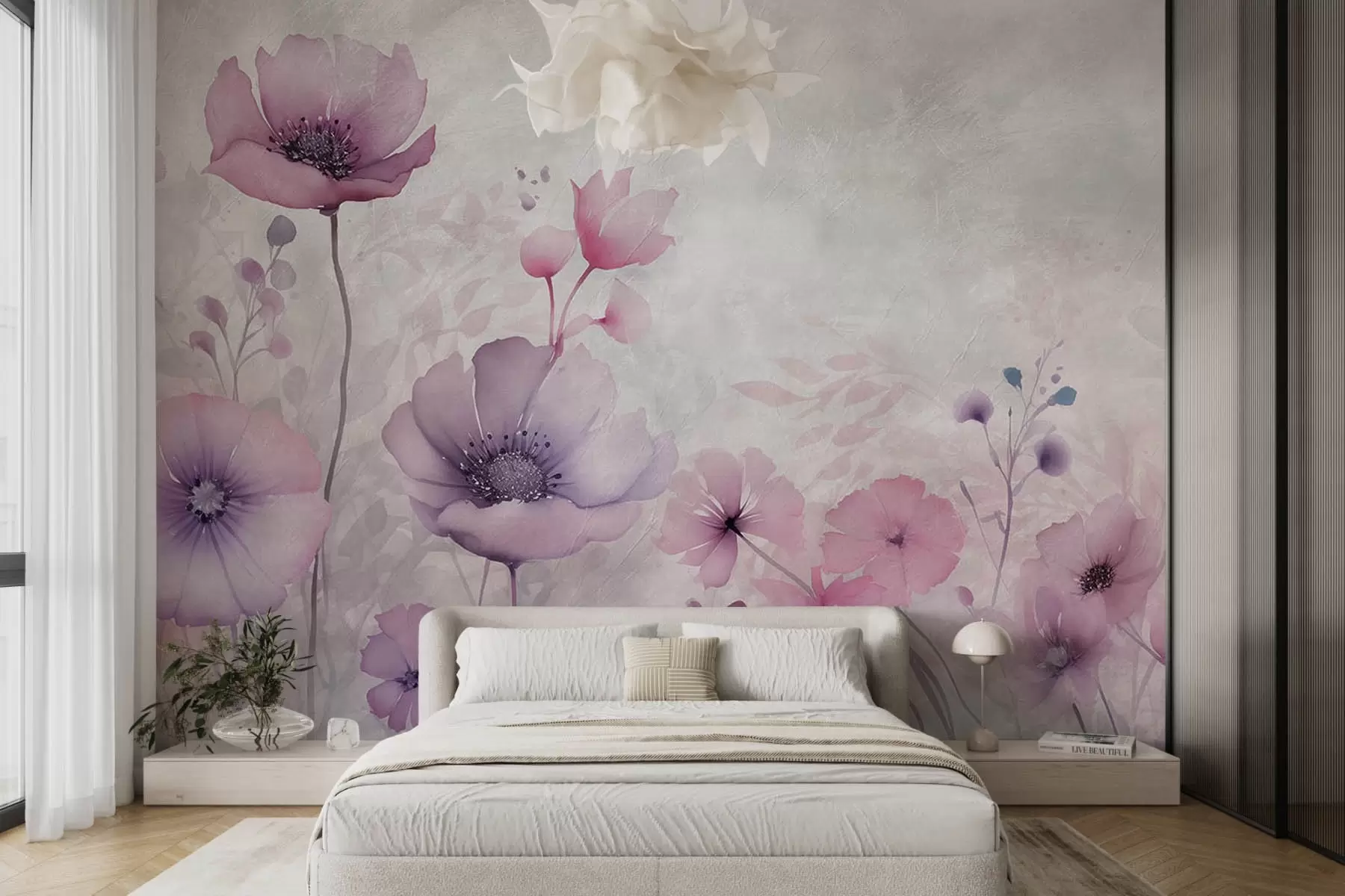 murales de pared Flores translúcidas sobre fondo de hormigón w08908