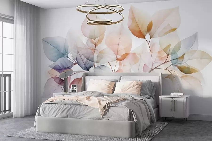 murales de pared Pintura en acuarela de hojas translúcidas en colores pastel, con tonos rosas, blancos, morados y azules w08910