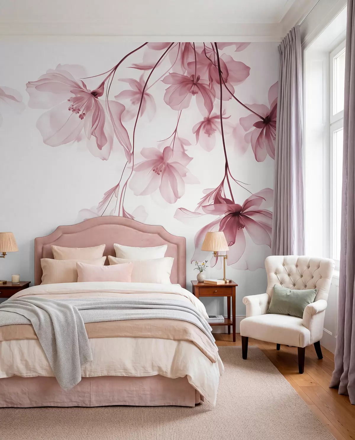murales de pared Flores rosas con pétalos translúcidos colgando de una rama, rosa y blanco, composición minimalista de arte moderno w08911v2