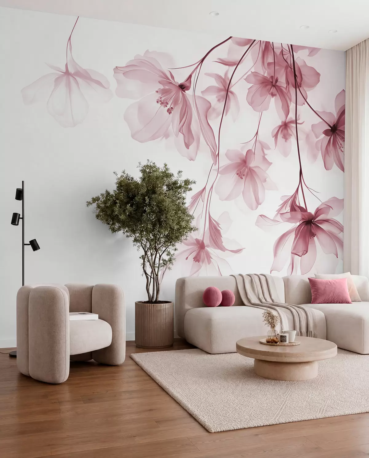 murales de pared Flores rosas con pétalos translúcidos colgando de una rama, rosa y blanco, composición minimalista de arte moderno w08911v2