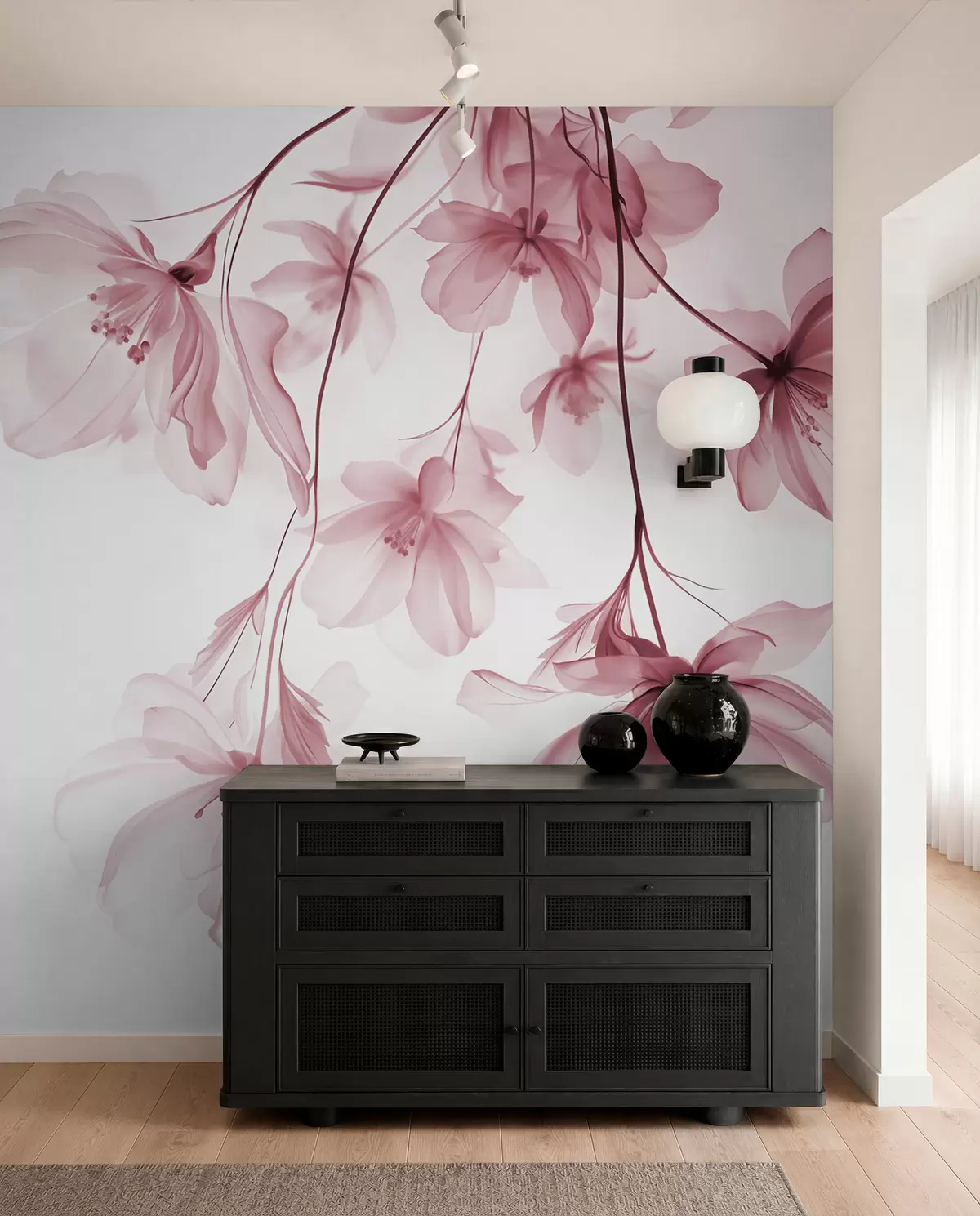 murales de pared Flores rosas con pétalos translúcidos colgando de una rama, rosa y blanco, composición minimalista de arte moderno w08911v2