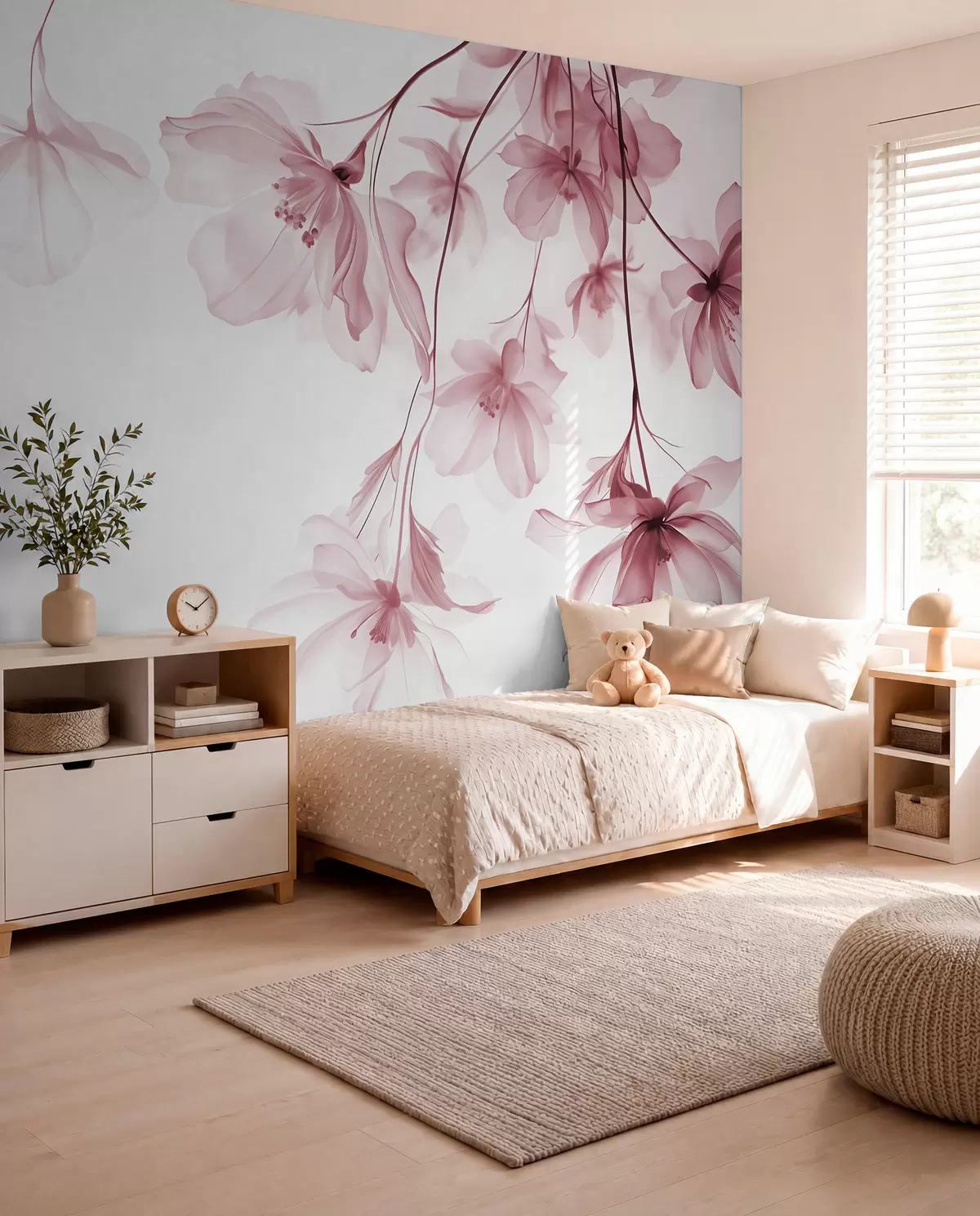 murales de pared Flores rosas con pétalos translúcidos colgando de una rama, rosa y blanco, composición minimalista de arte moderno w08911v2