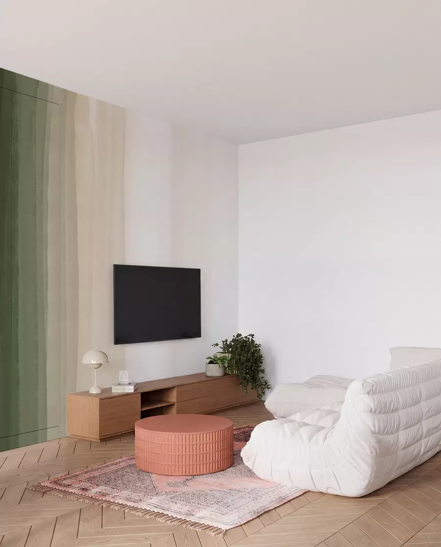 murales de pared Estampado abstracto minimalista degradado con rayas verticales de color verde oscuro, beige y blanco  w08915