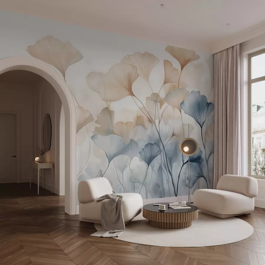 murales de pared Hojas de ginkgo en acuarela azul y naranja, pétalos translúcidos, tallos delicados, paleta de colores suaves w08917