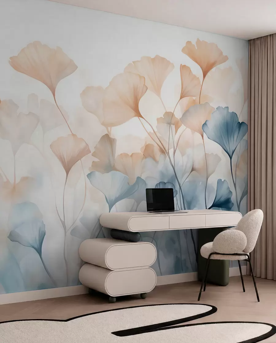 murales de pared Hojas de ginkgo en acuarela azul y naranja, pétalos translúcidos, tallos delicados, paleta de colores suaves w08917
