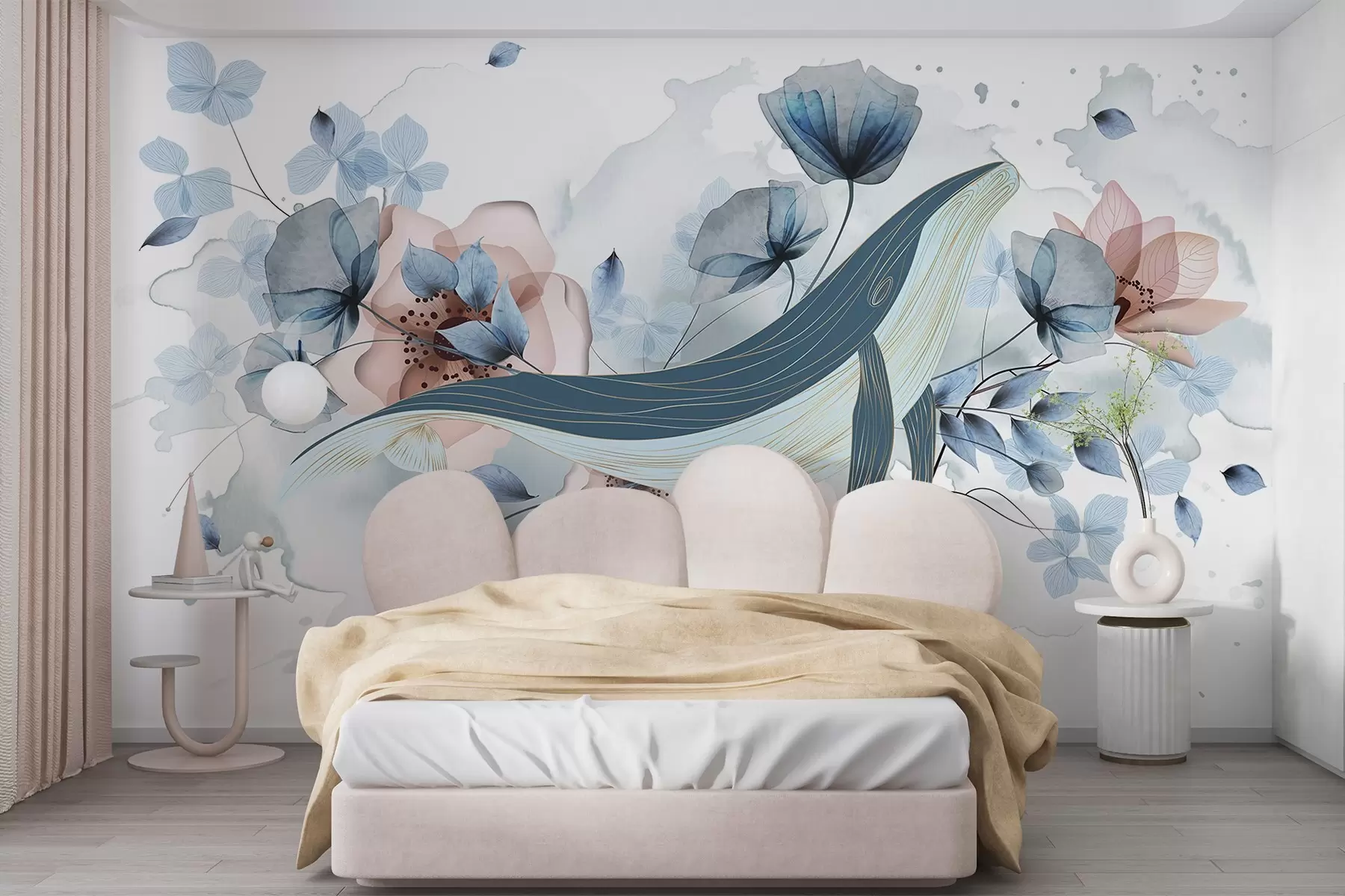 murales de pared Una ballena azul con flores, estilo acuarela, colores azul claro y rosa, fondo claro w08922